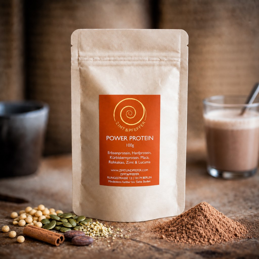 Eine Tüte Power Protein mit 100 g auf einem Olivenholzbrett