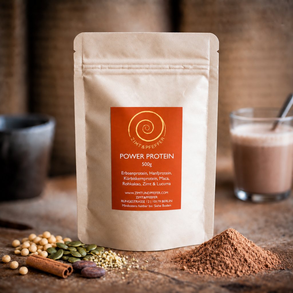 Eine Tüte Power Protein mit 500 g auf einem Olivenholzbrett