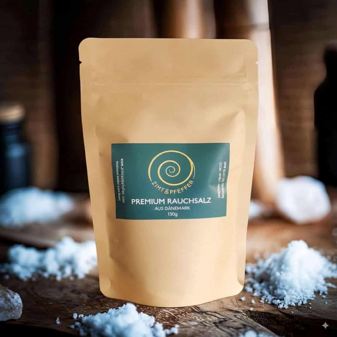 Dänisches Premium Rauchsalz in einer 150 g Tüte auf einem Olivenholzbrett