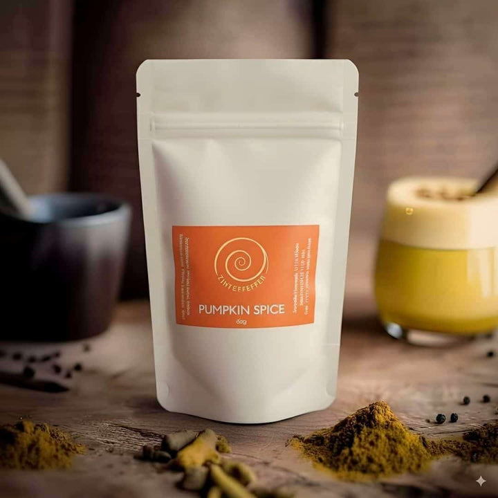 Eine Tüte Pumpkin Spice auf einem Olivenholzbrett