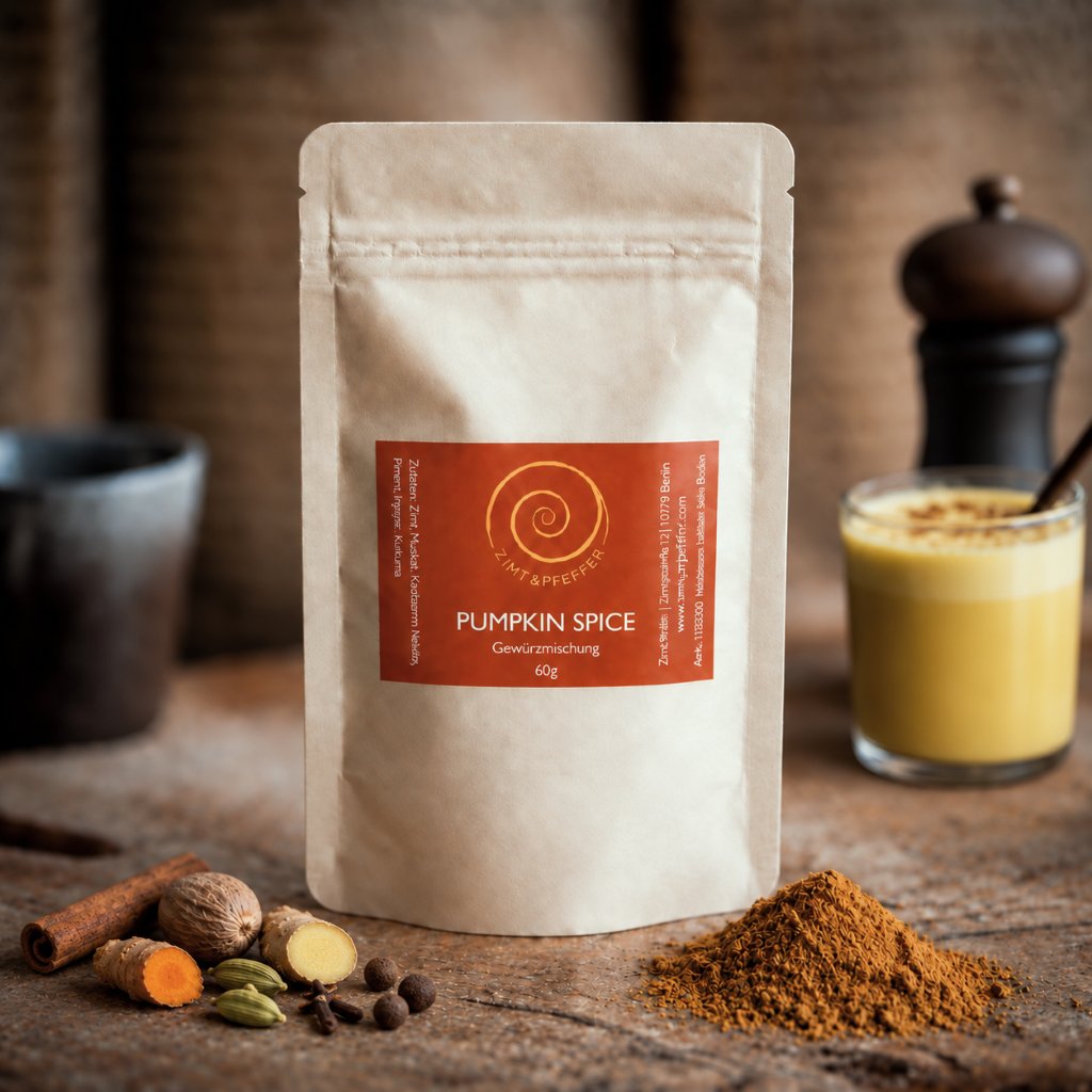 Eine Tüte Pumpkin Spice auf einem Olivenholzbrett