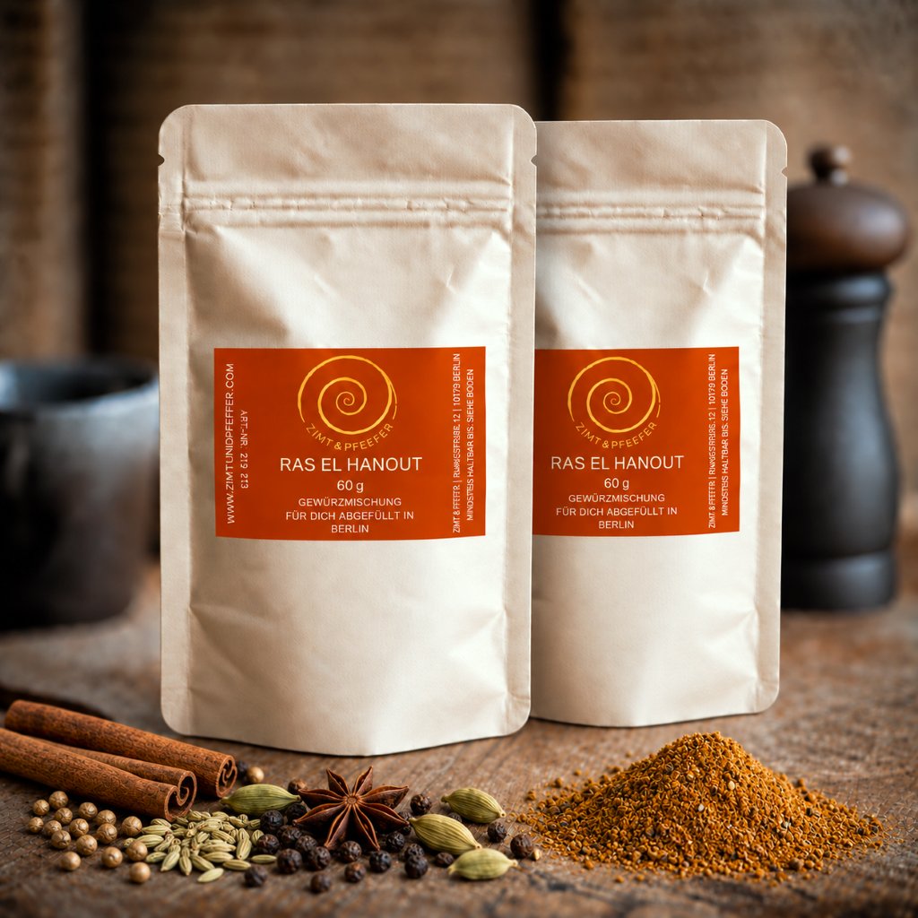 Zwei Nachfüllpacks Ras el Hanout stehen auf einem Olivenholzbrett. Die nordafrikanische Mischung besteht aus Kurkuma, Koriander, Fenchel, Zimt, Pfeffer, Ingwer, Piment, Cumin, Chili, Kardamom, Bockshornkleesaat, Muskatnuss und Anis und hat eine Füllmenge von 60 g.