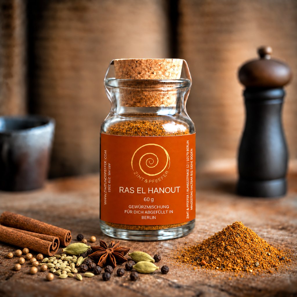 Ein Glas Ras el Hanout steht auf einem Olivenholzbrett. Die nordafrikanische Mischung besteht aus Kurkuma, Koriander, Fenchel, Zimt, Pfeffer, Ingwer, Piment, Cumin, Chili, Kardamom, Bockshornkleesaat, Muskatnuss und Anis und hat eine Füllmenge von 60 g.