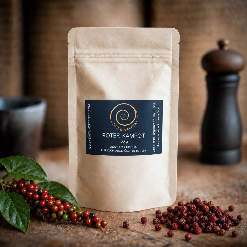 Eine 60g Tüte Roter Kampot Pfeffer steht auf einem Olivenholzbrett. Roter Kampot Pfeffer ist leicht fruchtig, mit Noten von Wacholderbeeren und scharf.
