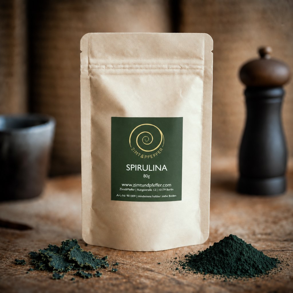 Spirulina Pulver von Zimt&Pfeffer in 
einer 80 g Tüte Spirulina Pulver auf einem Olivenholzbrett 