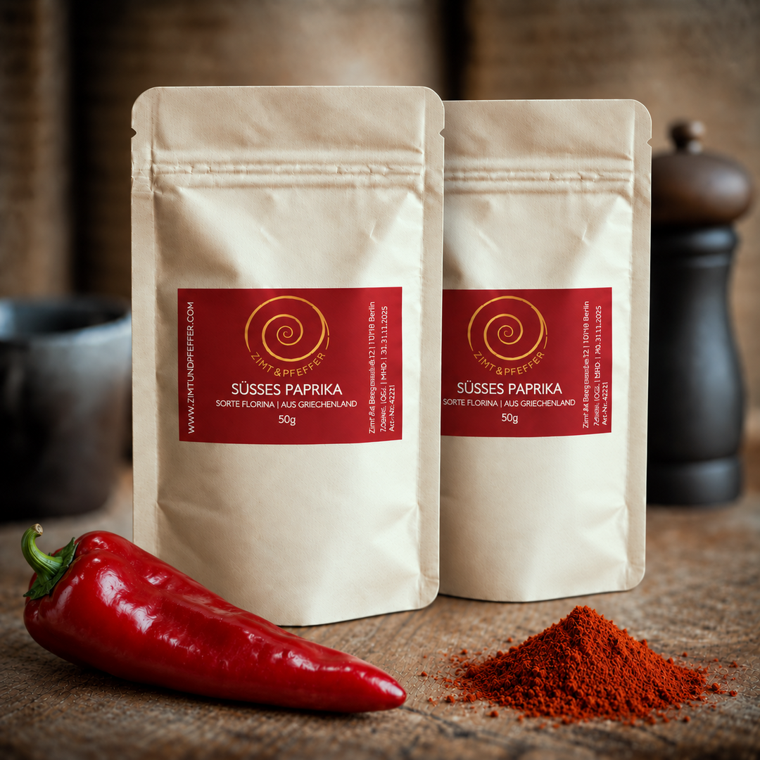 Zwei Tüten Süßes Paprika mit je 50 g aus Griechenland auf einem Olivenholzbrett
