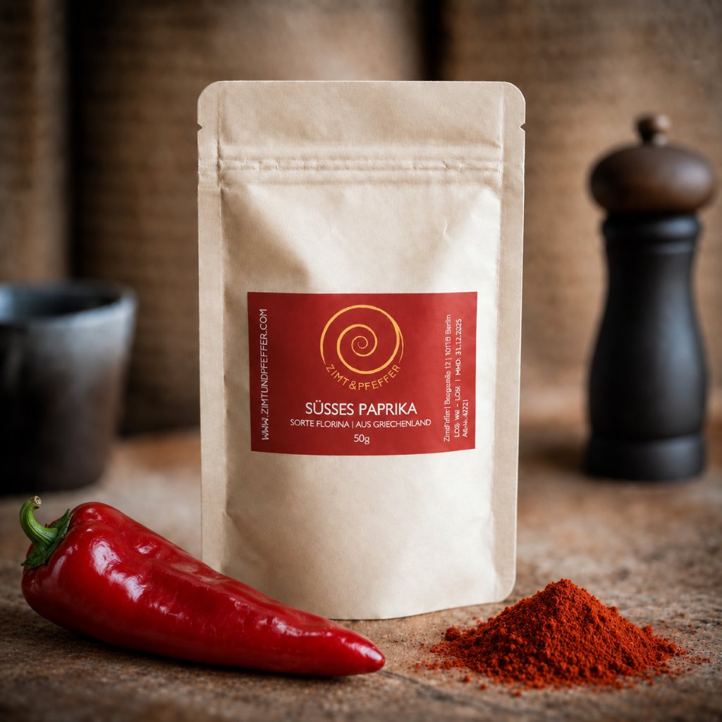 Eine Tüte Süßes Paprika 50 g aus Griechenland auf einem Olivenholzbrett
