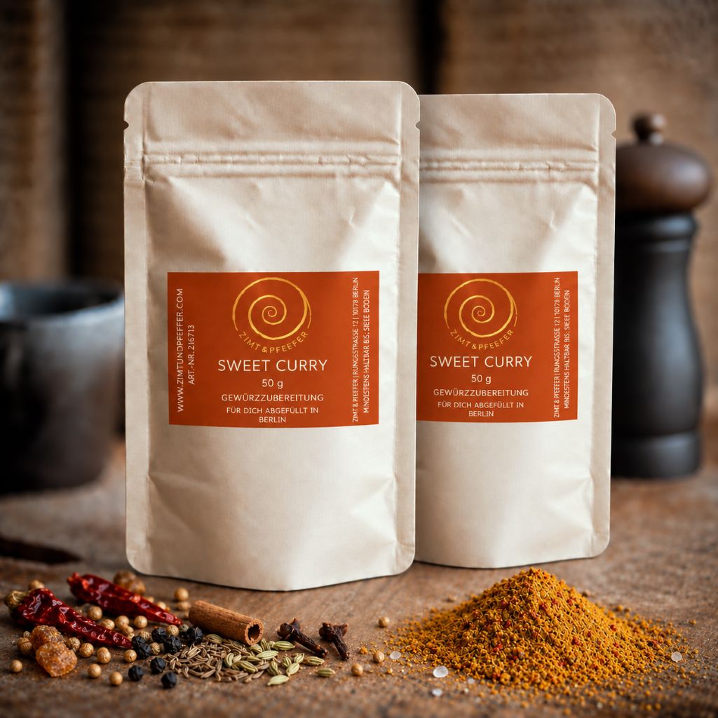 Sweet Curry von Zimt&amp;Pfeffer, zwei 50 g Tüten auf einem Olivenholzbrett