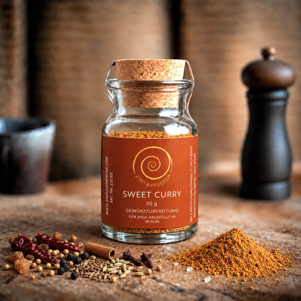 Sweet Curry von Zimt&amp;Pfeffer, ein 50 g Glas auf einem Olivenholzbrett