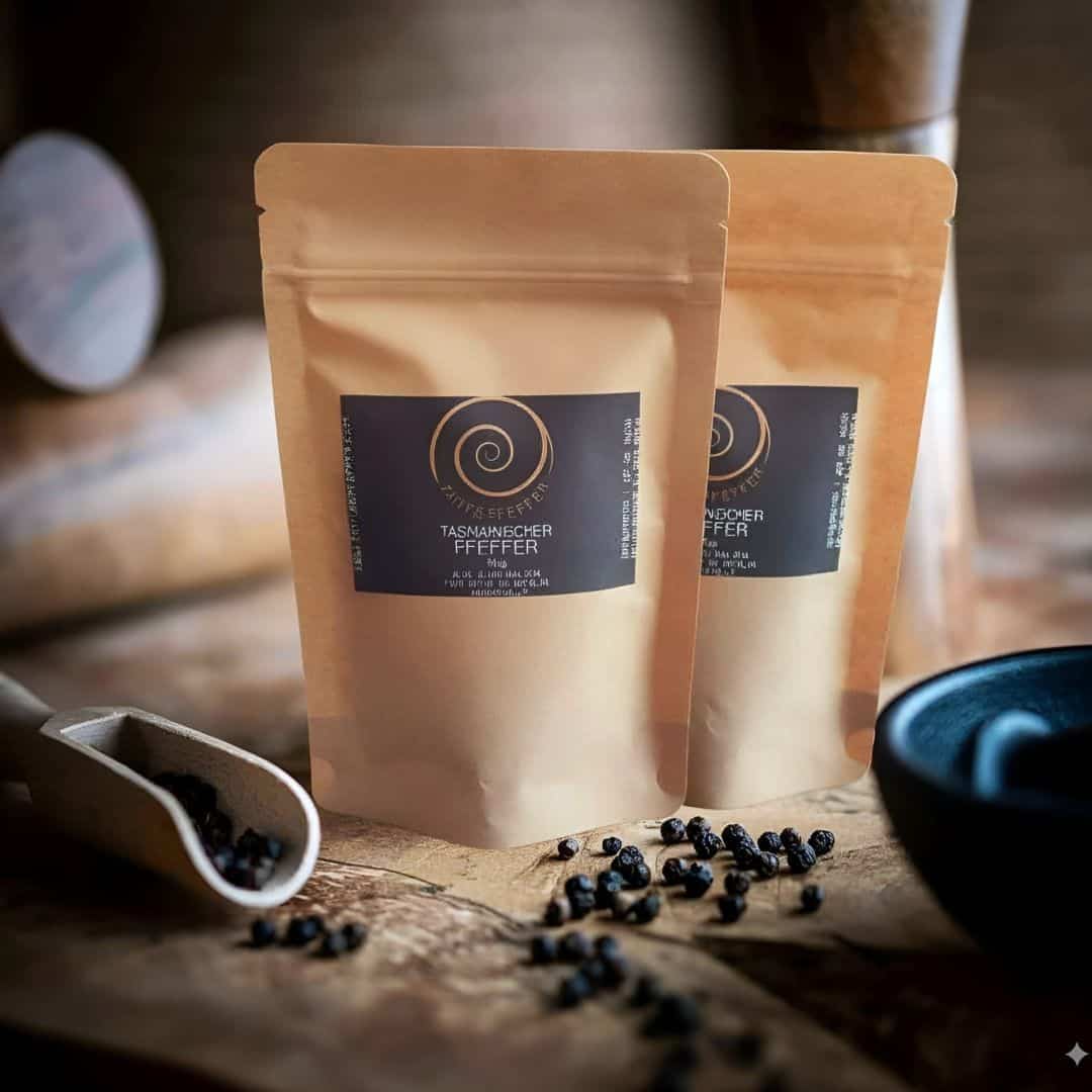 Zwei Tüte aus Kraftpapier mit Tasmanischen Pfeffer steht auf einem Olivenholzbrett