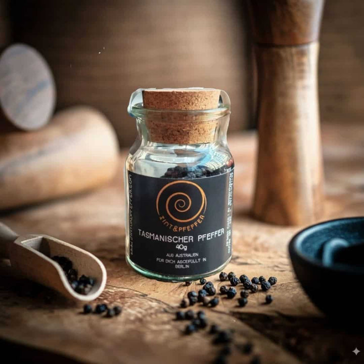 Eine Glas mit Tasmanischen Pfeffer steht auf einem Olivenholzbrett