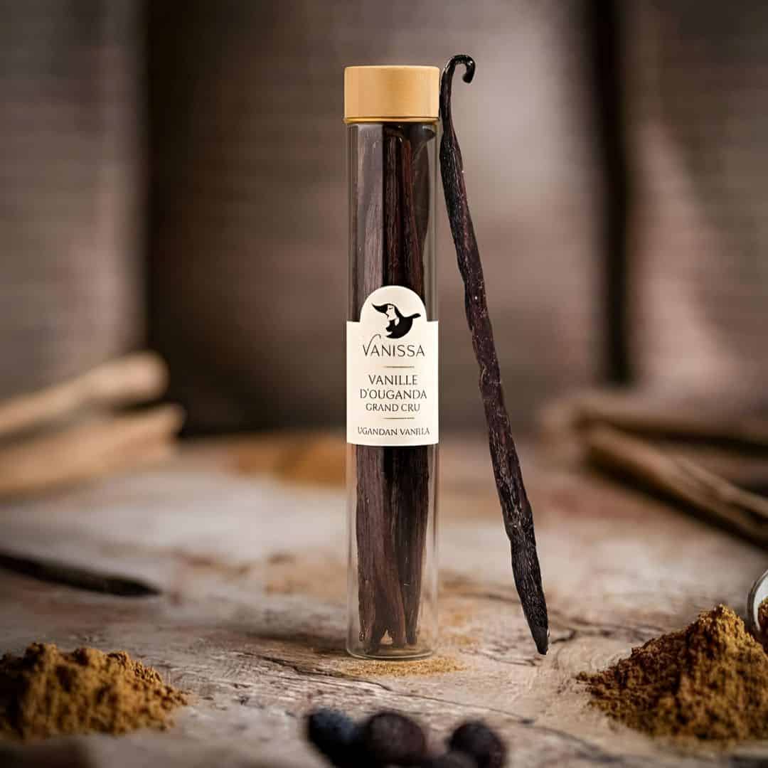 Ein Glasröhrchen mit 10 Vanilleschoten auf einem Olivenholzbrett