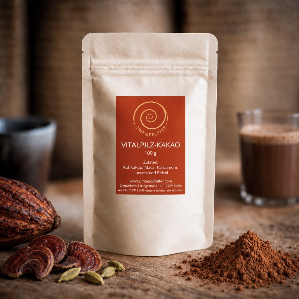 Eine Tüte mit 100 g Vitalpilz-Kakao auf einem Olivenholzbrett.