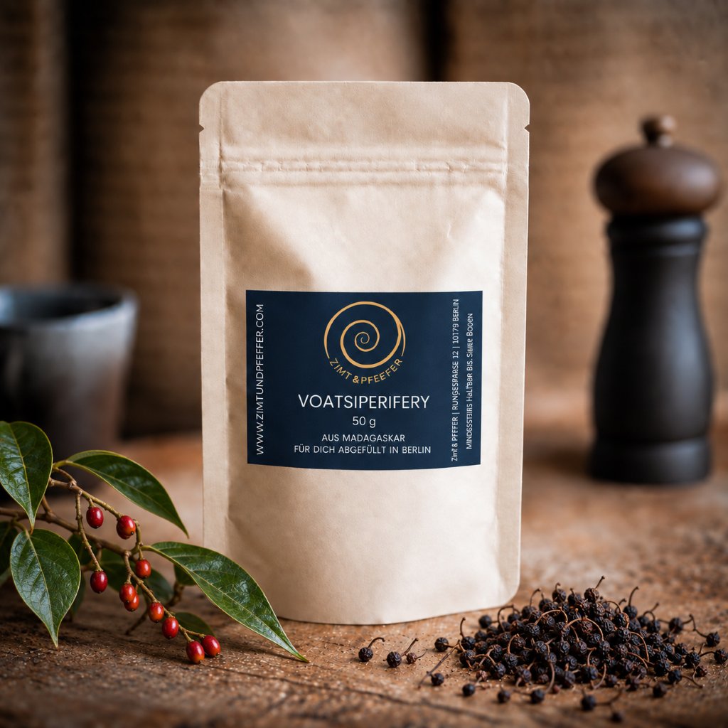 Eine 50 g Tüte Voatsiperifery Pfeffer auf einem Olivenholzbrett