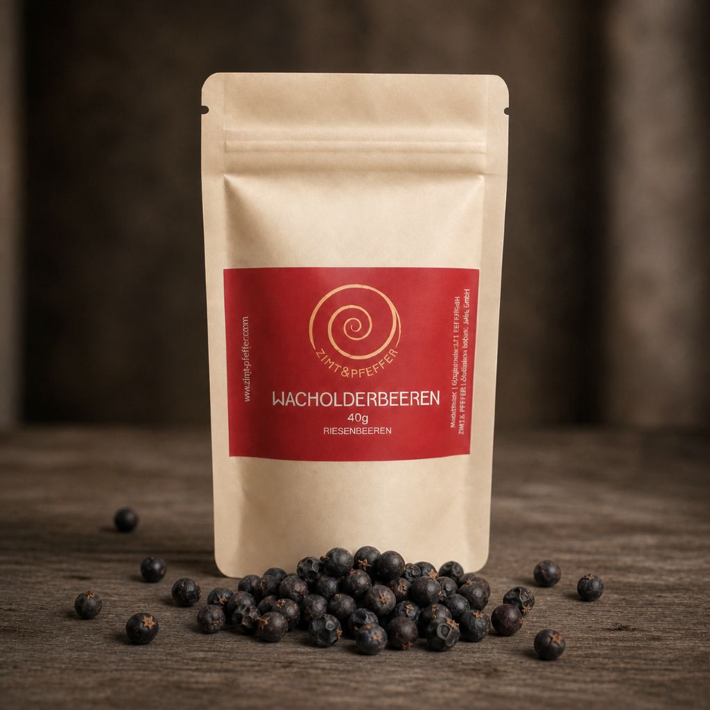 Wacholderbeeren kaufen, eine Tüte mit 40 g Wacholderbeeren auf einem Olivenholzbrett