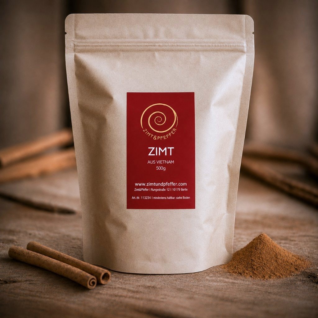 Eine Tüte Zimt aus Vietnam mit 500 g auf einem Olivenholbrett. Dieser Zimt ist aromatisch, würzig, süß und leicht scharf zugleich.