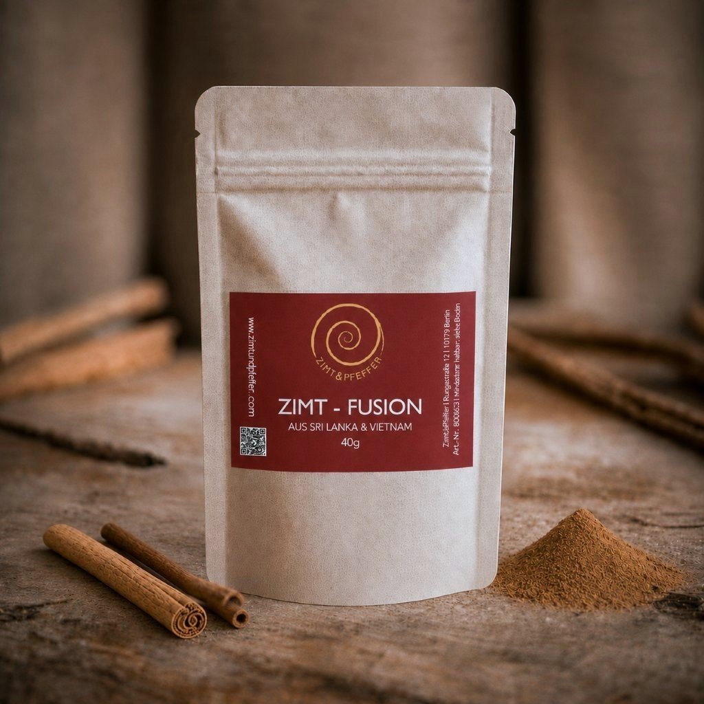 Eine Tüte Zimt Fusion, Premium Mischung aus Ceylon & Vietnam Zimt auf einem Olivenholbrett