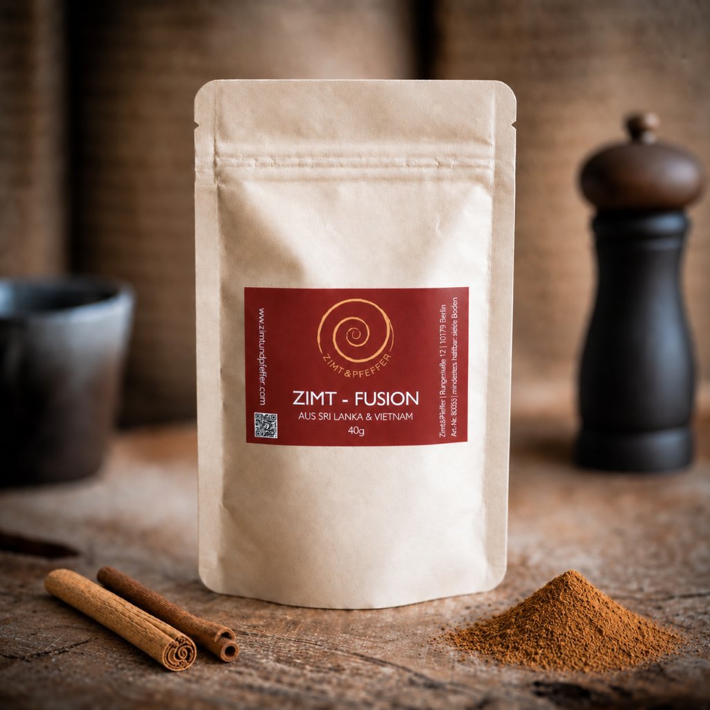 Eine Tüte Zimt Fusion, Premium Mischung aus Ceylon & Vietnam Zimt auf einem Olivenholbrett