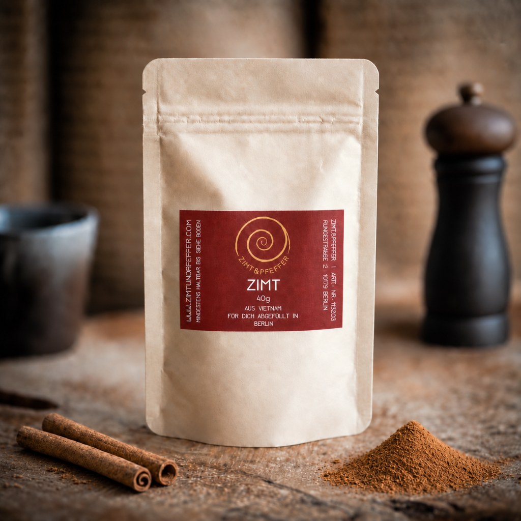 Zimt kaufen, ein 40g Nachfüllpack auf einem Olivenholzbrett. Dieser Zimt ist aromatisch, würzig, süß und leicht scharf zugleich.