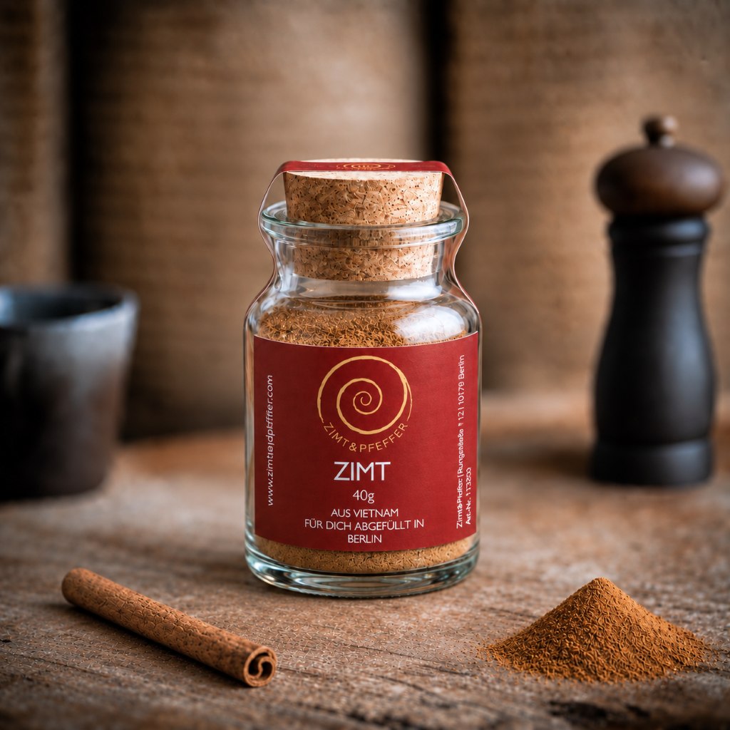 Zimt kaufen, ein 40g Glas auf einem Olivenholzbrett. Dieser Zimt ist aromatisch, würzig, süß und leicht scharf zugleich.