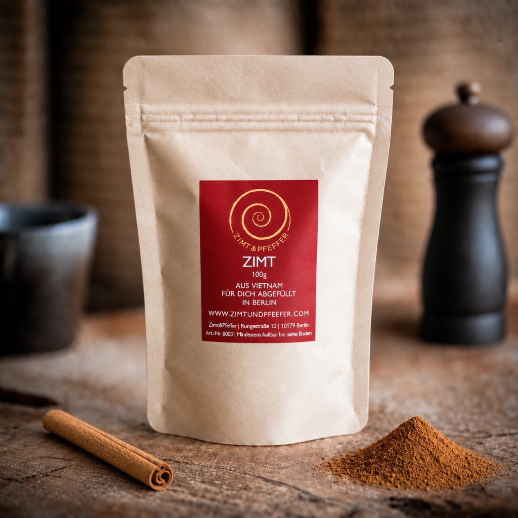 Zimt kaufen, ein 100g Nachfüllpack auf einem Olivenholzbrett. Dieser Zimt ist aromatisch, würzig, süß und leicht scharf zugleich.