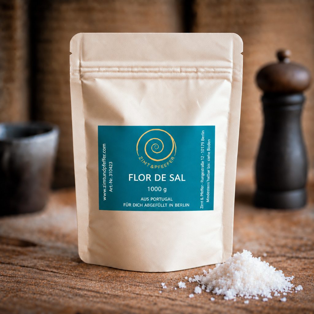Flor de Sal aus Portugal von Zimt&amp;Pfeffer in der 1-kg-Zip-Tüte mit weißen Salzkristallen auf einem Holztisch