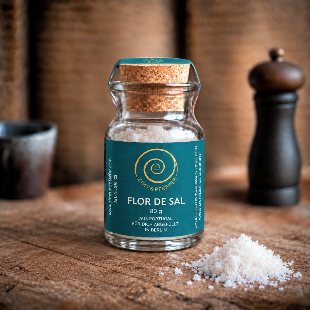 Flor de Sal aus Portugal von Zimt&amp;Pfeffer im 80-g-Glas mit Korkverschluss und weißen Salzkristallen auf einem Holztisch