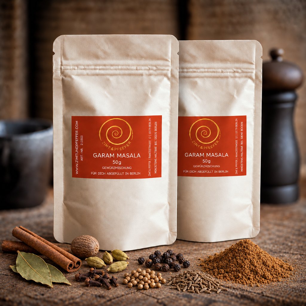 Garam Masala von Zimt&amp;Pfeffer, zwei 50 g Tüten auf einem Olivenholzbrett