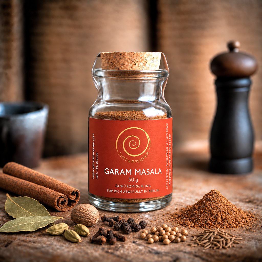 Garam Masala von Zimt&amp;Pfeffer, ein 50 g Glas auf einem Olivenholzbrett