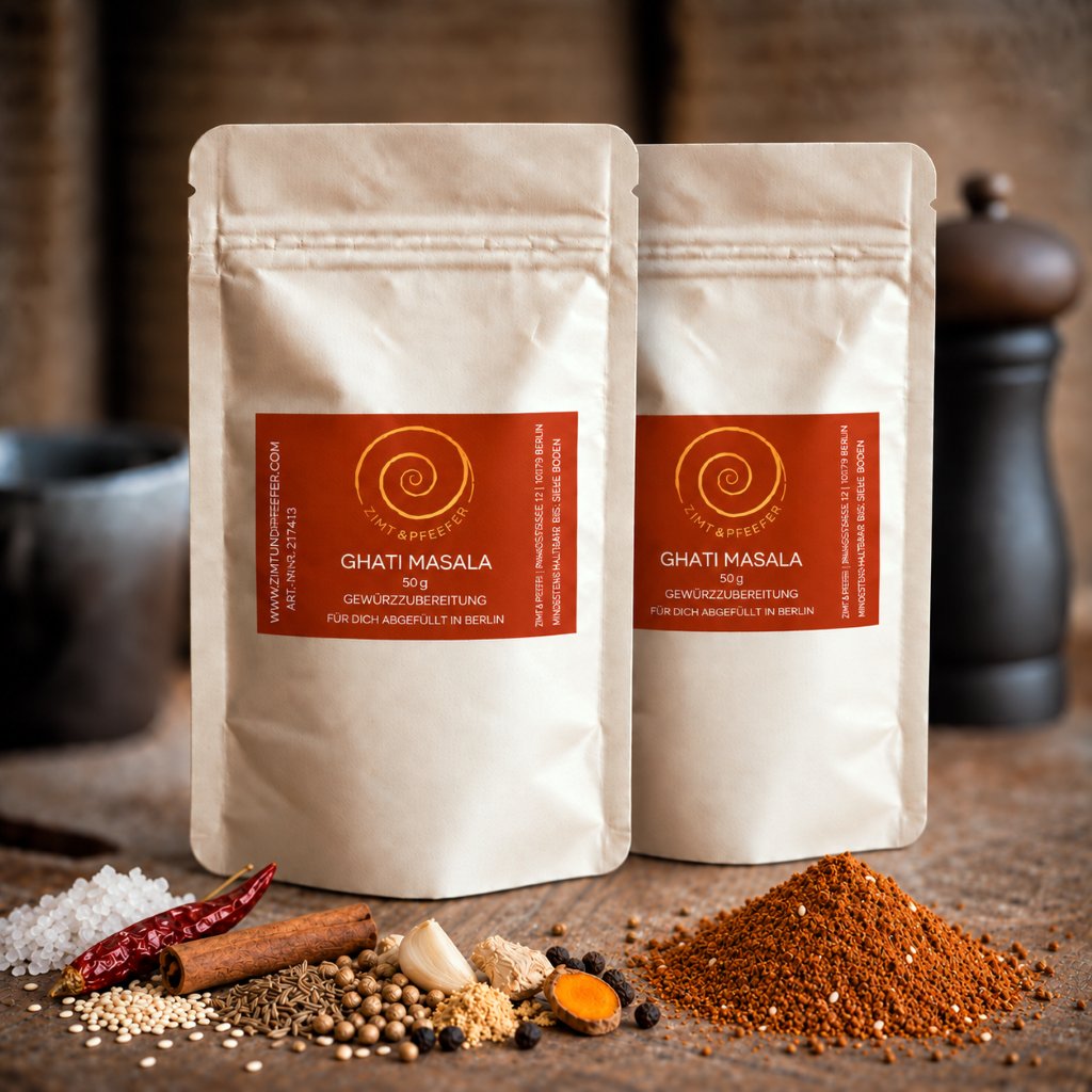 Zwei 50 g Tüten Ghati Masala auf einem Olivenholzbrett.