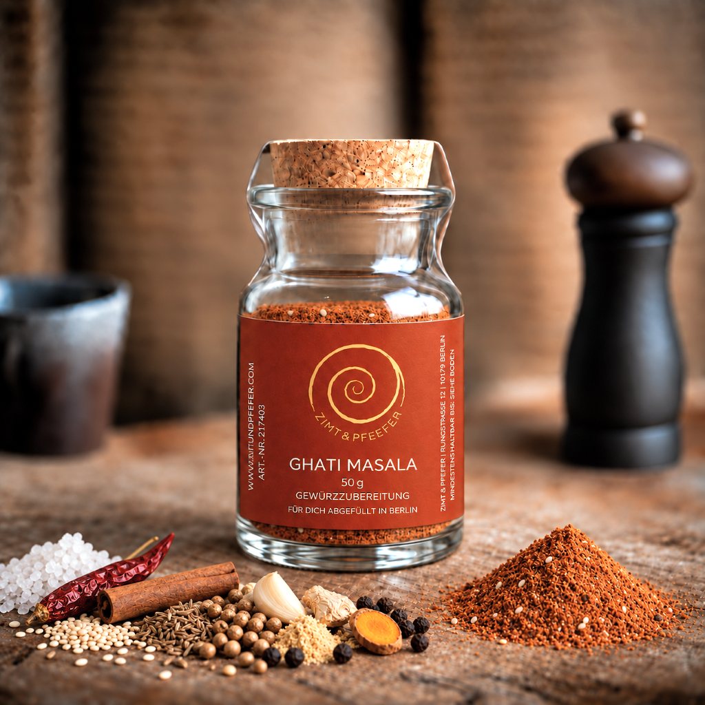 Eine 50 g Glas Ghati Masala auf einem Olivenholzbrett.