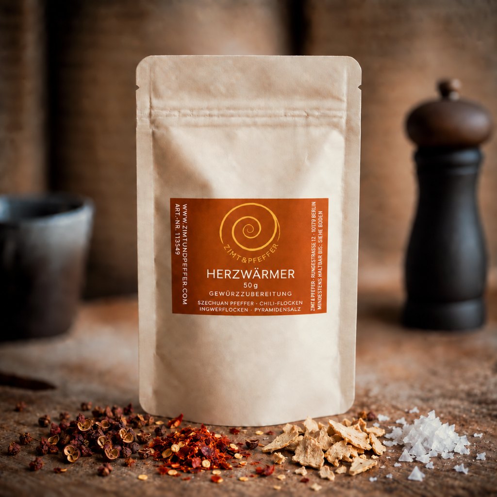 Eine Tüte Herzwärmer mit 50g auf einem Olivenholzbrett. Eine harmonisch abgestimmte Gewürzzubereitung aus Szechuan Pfeffer, Chili- und Ingwerflocken sowie feinstem Pyramidensalz.