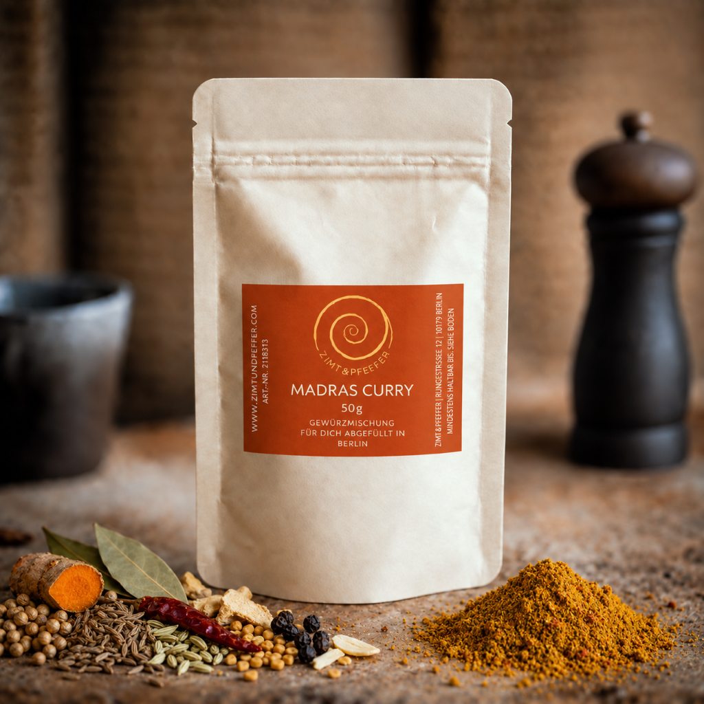 Madras Curry von Zimt&Pfeffer, eine 50 g Tüte auf einem Olivenholzbrett
