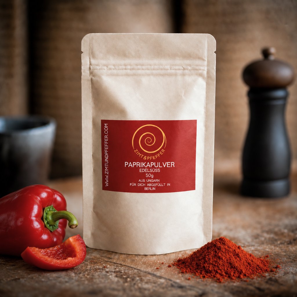 Paprika edelsüß kaufen, eine Tüte mit 50 g auf einem Olivenholzbrett