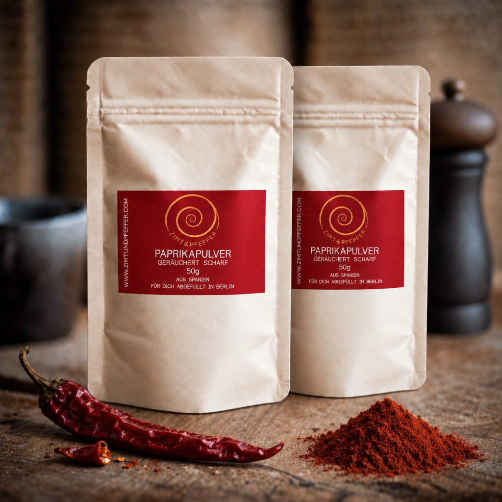 Zwei 50g Tueten Paprika geräuchert scharf auf einem Olivenholzbrett.