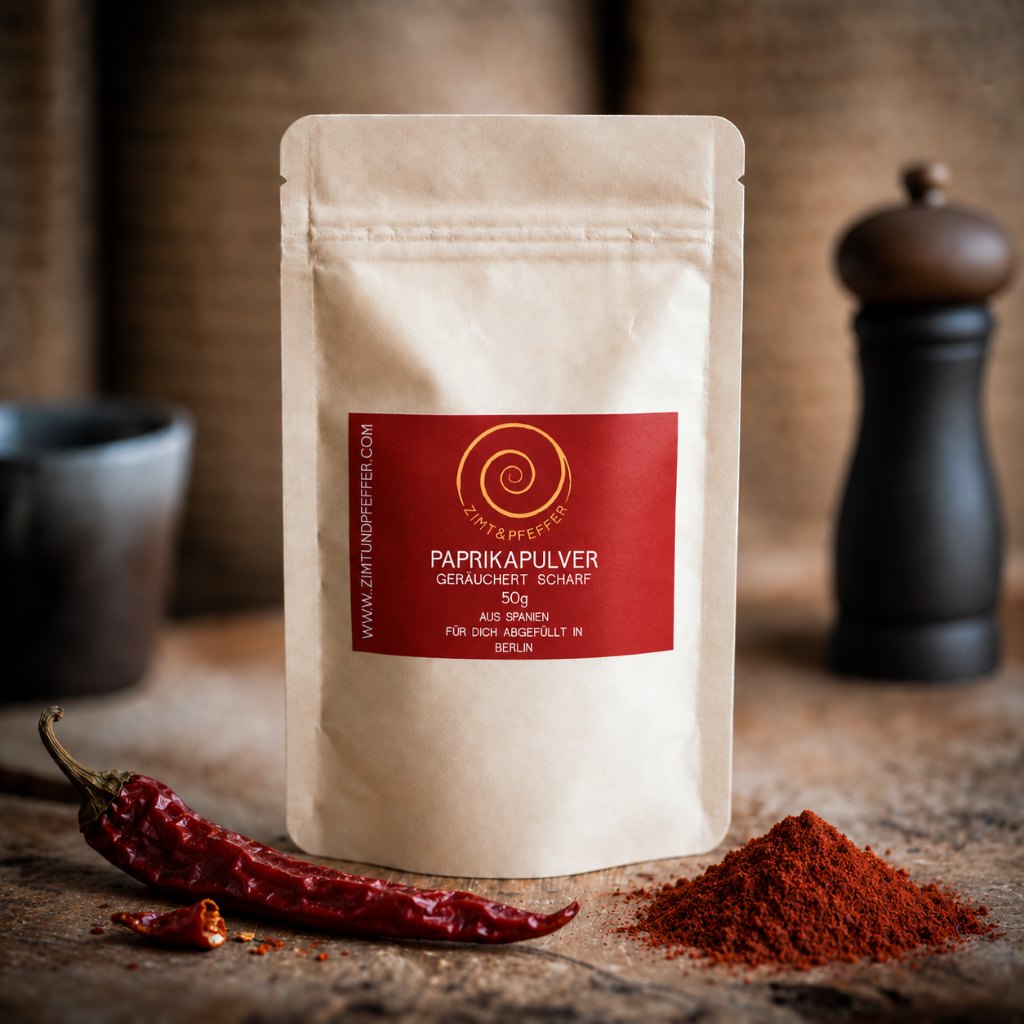 Eine 50g Tuete Paprika geräuchert scharf auf einem Olivenholzbrett.