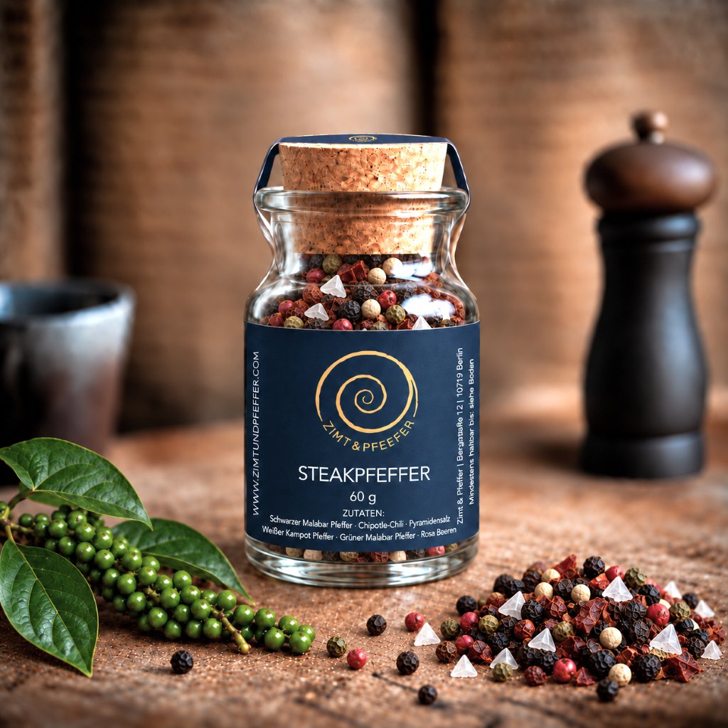 Steakpfeffer im Glas mit 60 g auf Olivenholzbrett – von Zimt&amp;Pfeffer