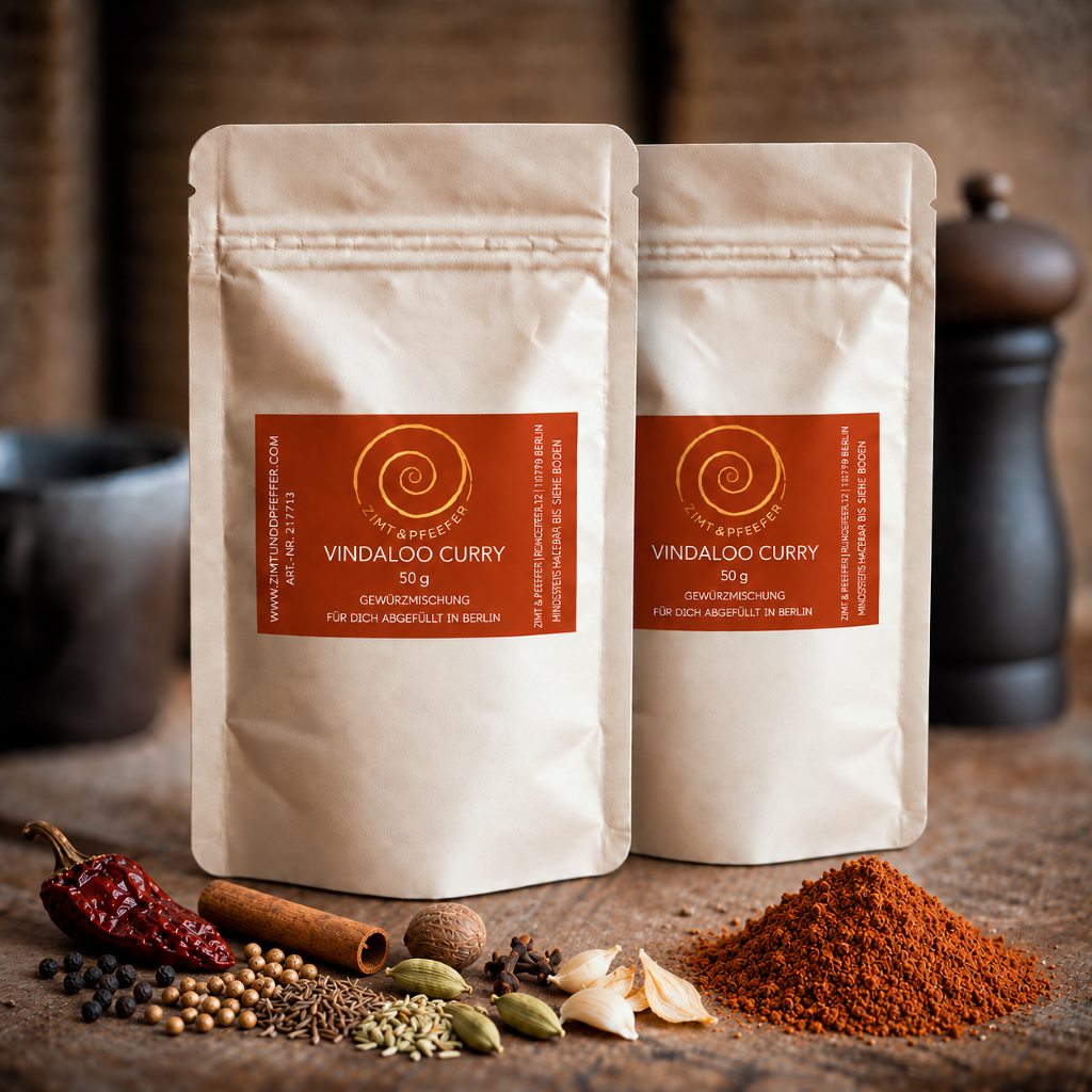 Vindaloo Curry von Zimt&amp;Pfeffer zwei 50 g Tüten auf einem Olivenholzbrett