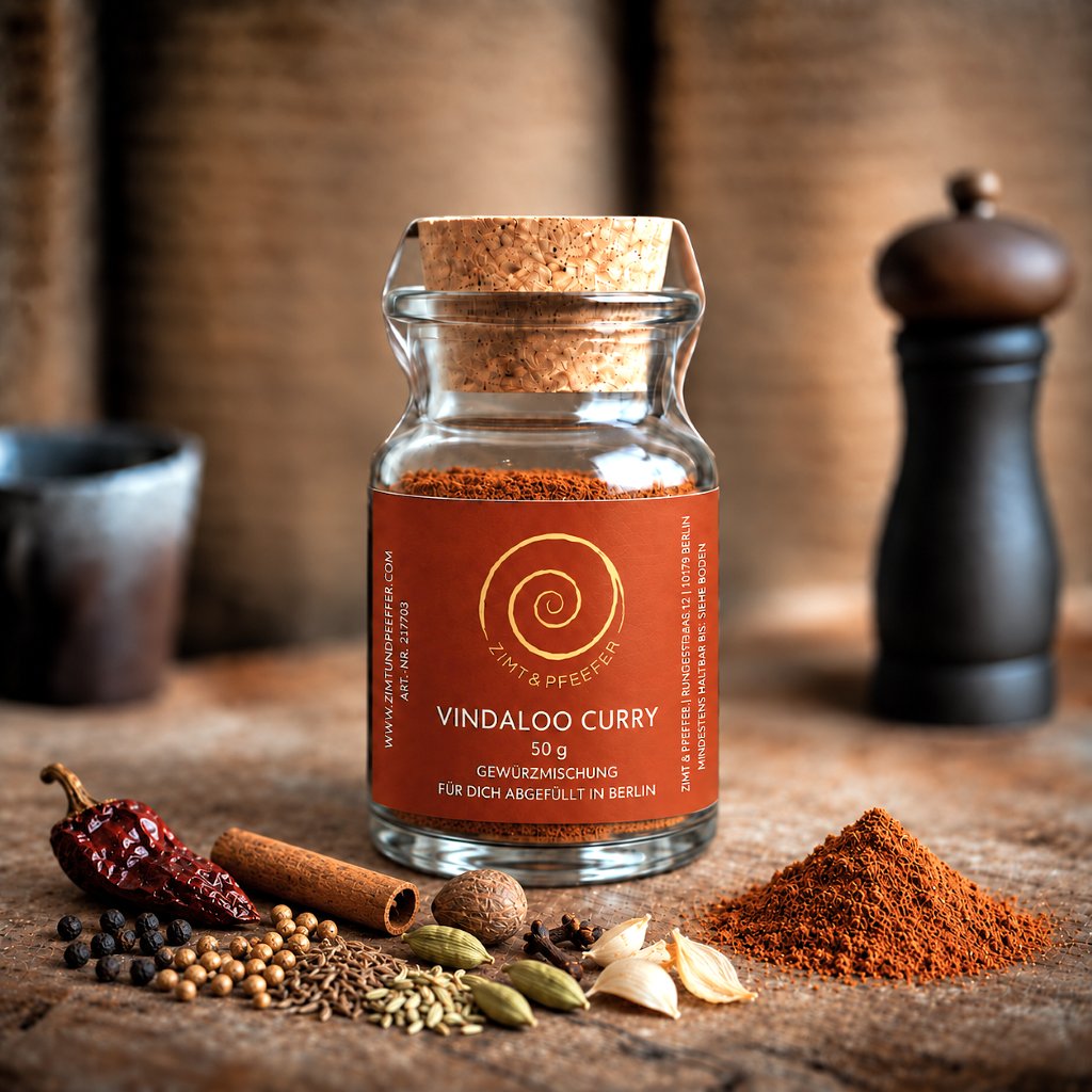 Vindaloo Curry von Zimt&amp;Pfeffer ein 50 g Glas auf einem Olivenholzbrett