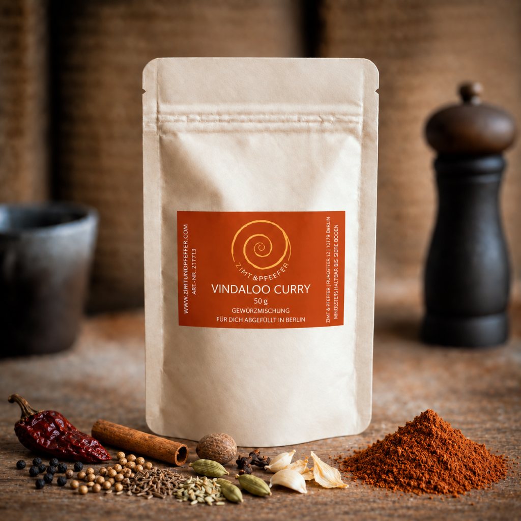 Vindaloo Curry von Zimt&Pfeffer eine 40 g Tüte auf einem Olivenholzbrett